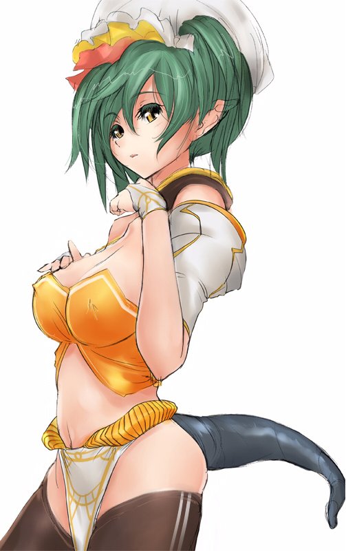 pupps, bad id, bad pixiv id, 1girl, breasts, brown eyes, cleavage, female focus, green hair, monster girl, pointy ears, short hair, solo, tail, thighhighs