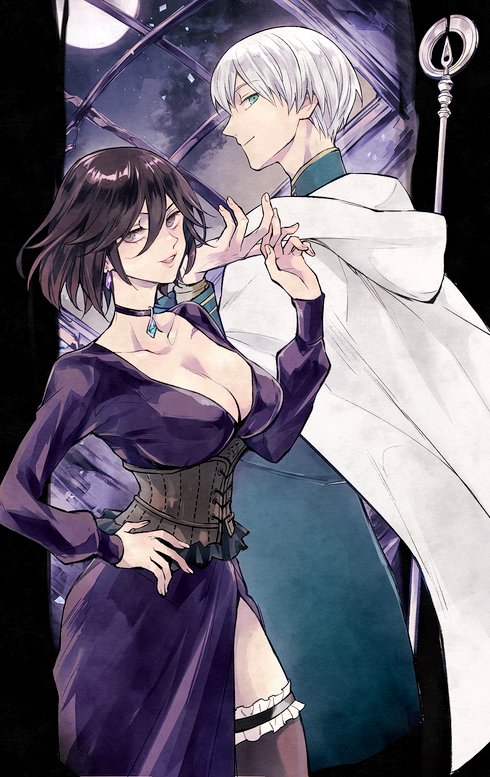 grel (r6hgvu5), temenos mistral, throne anguis, octopath traveler, octopath traveler ii, commentary request, 1boy, 1girl, arm up, black choker, black hair, breasts, brown corset, choker, cleavage, corset, dress, hair between eyes, hand on own hip, holding, holding staff, large breasts, long dress, looking at viewer, looking back, outside border, pillarboxed, purple dress, short hair, smile, staff, standing, white hair