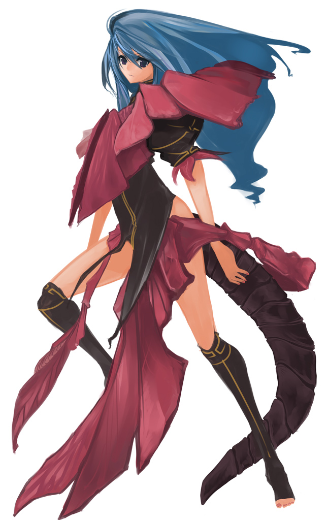pupps, original, tagme, arms at sides, black thighhighs, blue hair, long hair, simple background, solo, tail, thighhighs, white background