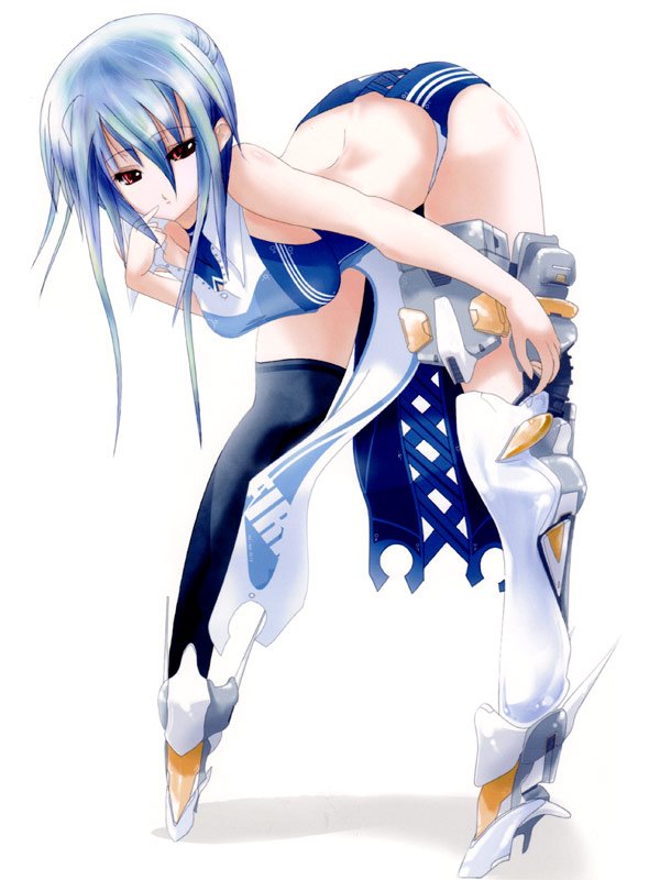 pupps, original, 1girl, bent over, blue hair, female focus, finger to mouth, legs, long hair, mecha musume, panties, red eyes, solo, thighhighs, underwear