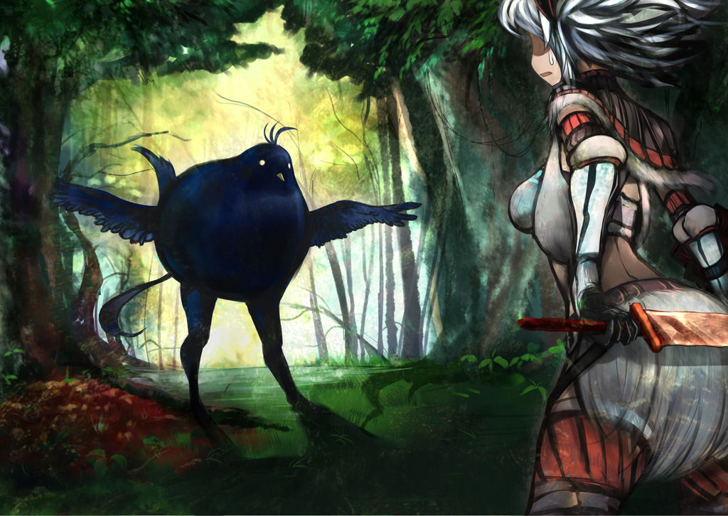 pupps, hypnocatrice, capcom, monster hunter (series), 1girl, armor, bird, creature, female focus, forest, kirin (armor), monster, nature, solo, sweatdrop, sword, tree, weapon
