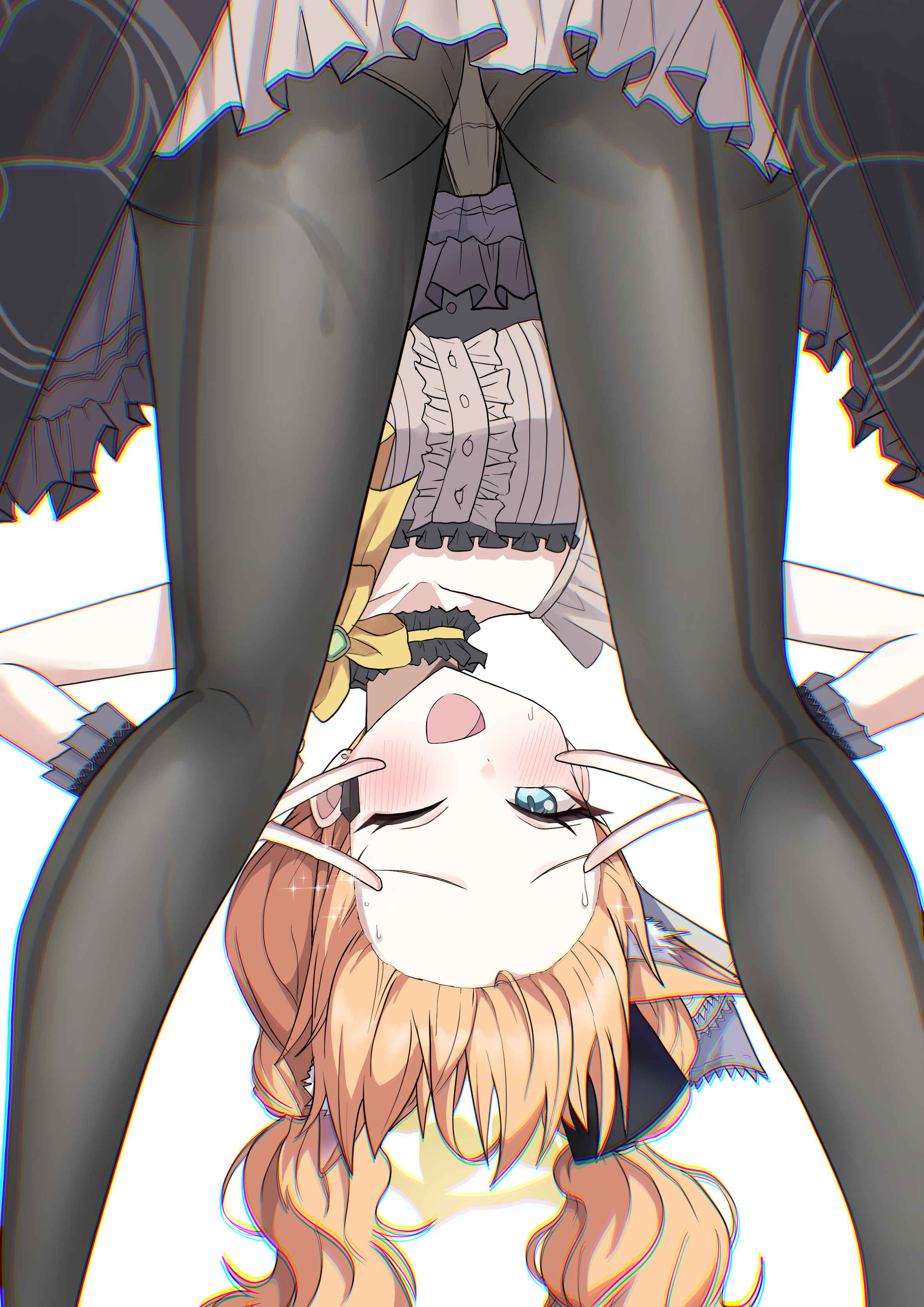pinnyonn0375, mari (blue archive), mari (idol) (blue archive), blue archive, absurdres, highres, 1girl, blonde hair, breasts, chromatic aberration, collarbone, double v, halo, long hair, looking at viewer, looking through own legs, official alternate costume, official alternate hairstyle, one eye closed, open mouth, panties, pantyhose, simple background, skirt, small breasts, solo, standing, underwear, v, white background, yellow halo
