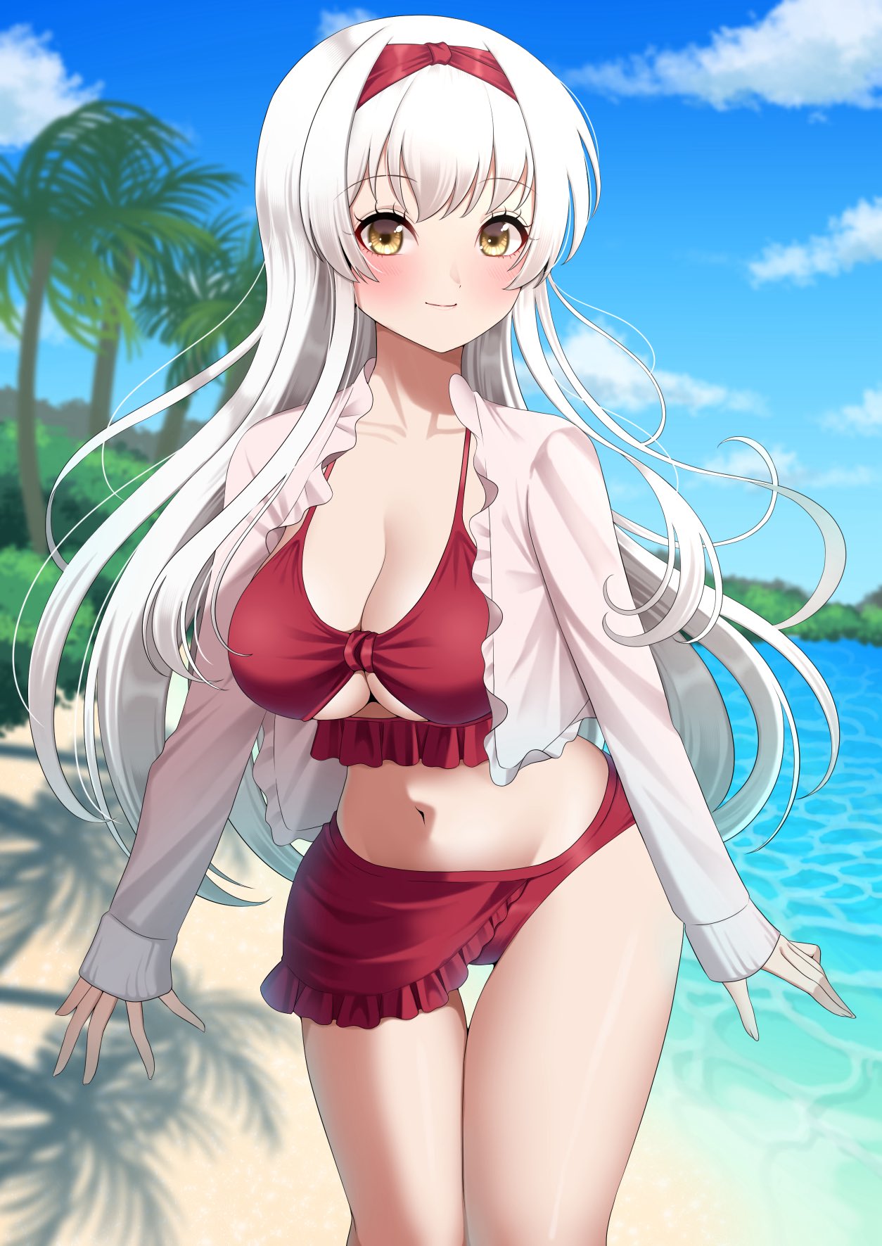 yomogi dango, shoukaku (kancolle), kantai collection, highres, 1girl, alternate costume, beach, bikini, blue sky, blush, breasts, cleavage, cloud, cowboy shot, day, frilled bikini, frills, headband, jacket, large breasts, long hair, looking at viewer, navel, outdoors, palm tree, red bikini, red headband, sand, sky, smile, solo, swimsuit, tree, white hair, white jacket, yellow eyes