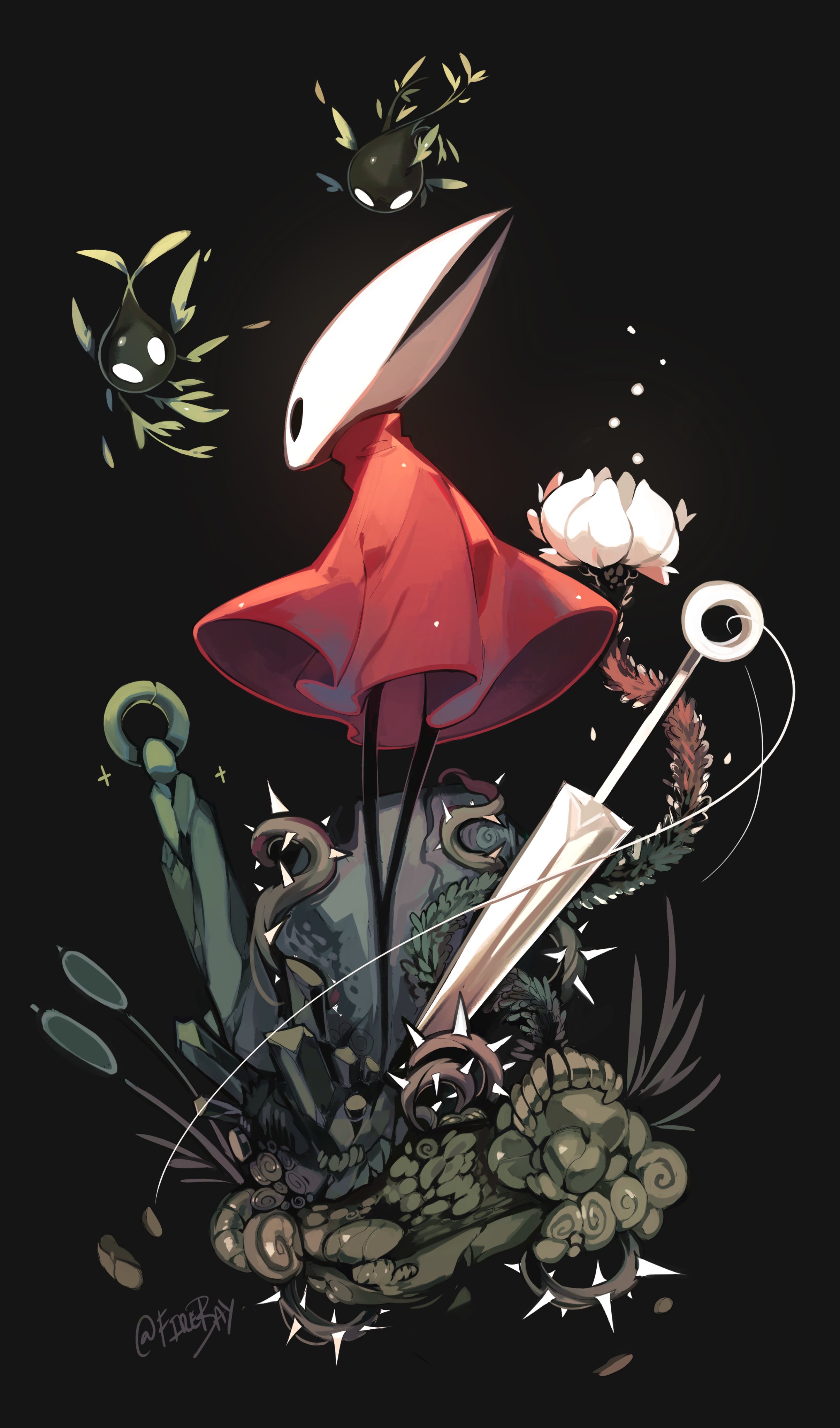 firebay, hornet (hollow knight), hollow knight: silksong, absurdres, commentary, highres, 1girl, arthropod girl, black background, black eyes, black skin, blank eyes, cloak, colored skin, flower, full body, hollow eyes, horned mask, horns, looking at another, mask, needle (hollow knight), red cloak, simple background, thorns, thread, twitter username, weapon