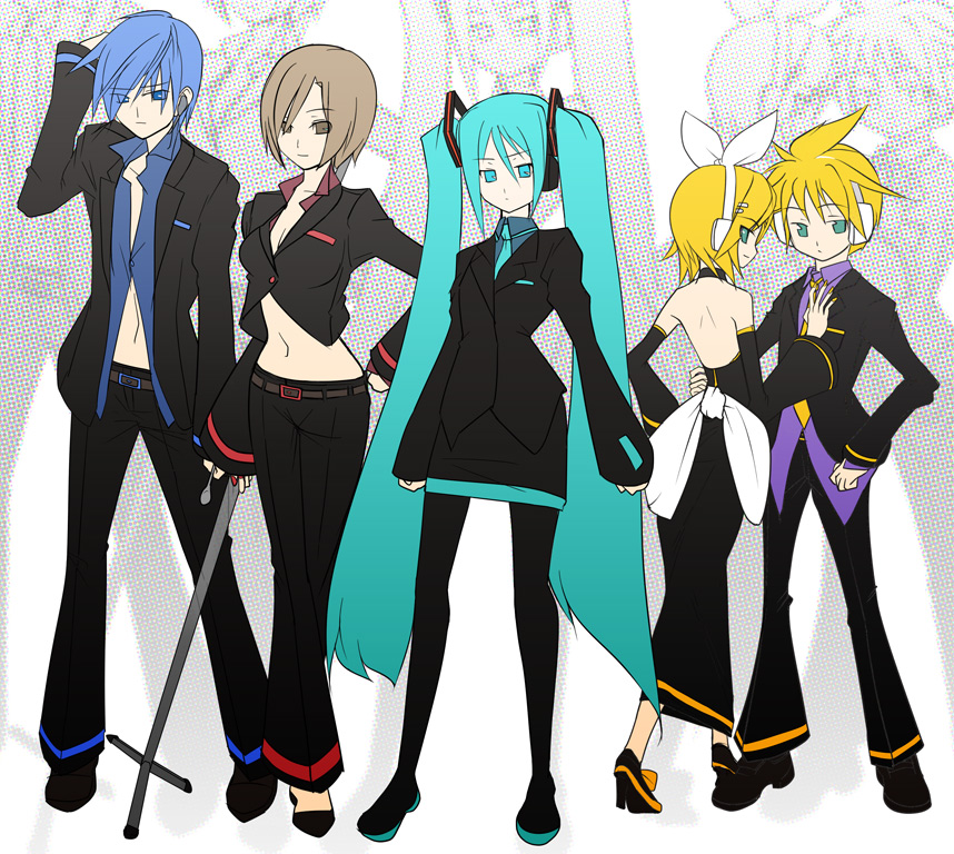 pupps, hatsune miku, kagamine len, kagamine rin, kaito (vocaloid), meiko (vocaloid), vocaloid, 2boys, 3girls, aqua hair, brother and sister, everyone, formal clothes, multiple boys, multiple girls, pant suit, pants, pantyhose, siblings, skirt, skirt suit, suit, twins, twintails