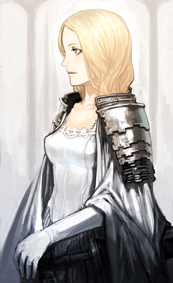 shiohara shin'ichi, 1girl, armor, blonde hair, cape, dress, female focus, long hair, profile, solo