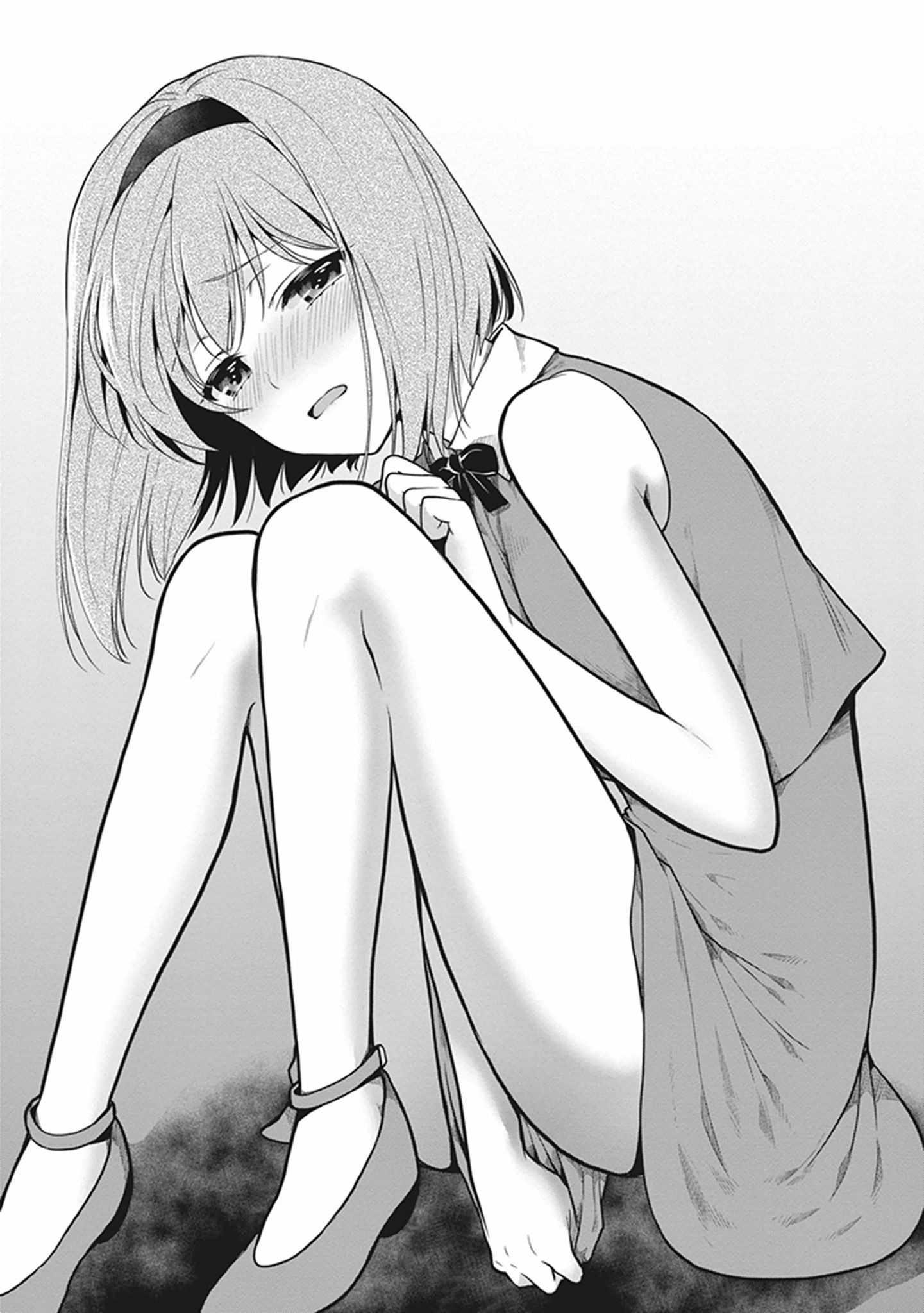 hara tsumoi, kono shima ni wa midara de jaaku na mono ga sumu, highres, non-web source, 1girl, aroused, bare shoulders, blush, covering crotch, covering privates, flat chest, from side, full body, furrowed brow, hairband, head tilt, high heels, knees together feet apart, neck ribbon, open mouth, ribbon, shirt, short hair, sitting, skirt, sleeveless, strappy heels, yoruto umi