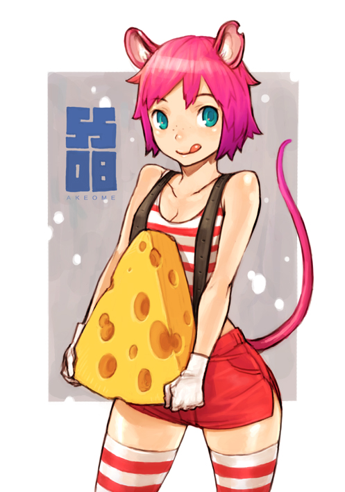shiohara shin'ichi, :p, animal ears, aqua eyes, cheese, food, freckles, gloves, mouse (animal), mouse ears, mouse tail, pink hair, short hair, shorts, solo, striped clothes, striped thighhighs, suspenders, tail, thighhighs, tongue, tongue out