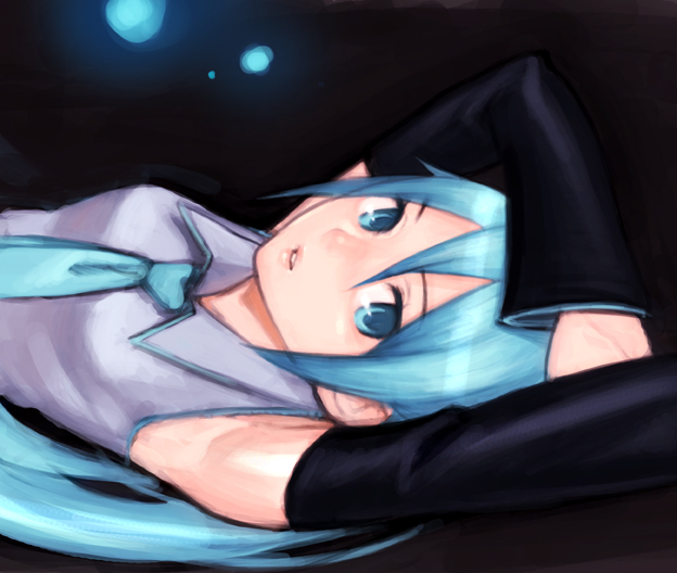 shiohara shin'ichi, hatsune miku, vocaloid, armpits, blue eyes, blue hair, long hair, solo