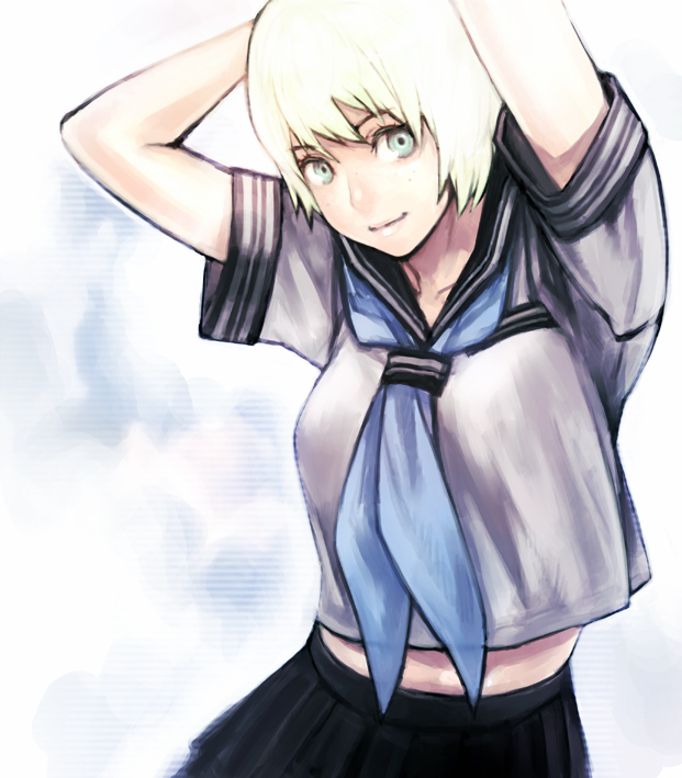shiohara shin'ichi, arms up, green eyes, school uniform, serafuku, short hair, smile, solo, white hair