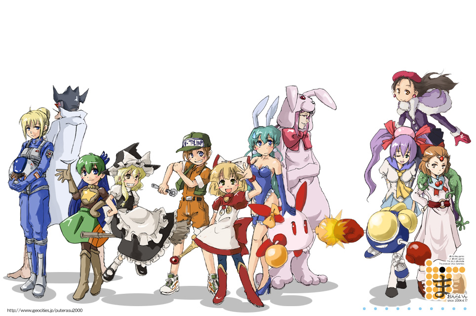 marionette online, satomura kyou, alteeno, anna steiner, hikaru (parodius), kirisame marisa, load ran, mimasaka irori, rabio, really till, reco, twinbee (character), batsugun, cave (developer), darius (series), darius gaiden, esp ra de, konami, mushihime-sama, parodius, rabio lepus, toaplan, touhou, twinbee, twinkle star sprites, 1boy, 6+girls, blonde hair, blue sailor collar, broom, crossover, fist bump, hat, long hair, looking at viewer, multiple crossover, multiple girls, sailor collar, short hair, simple background, white background, witch, witch hat, wrench, yellow eyes