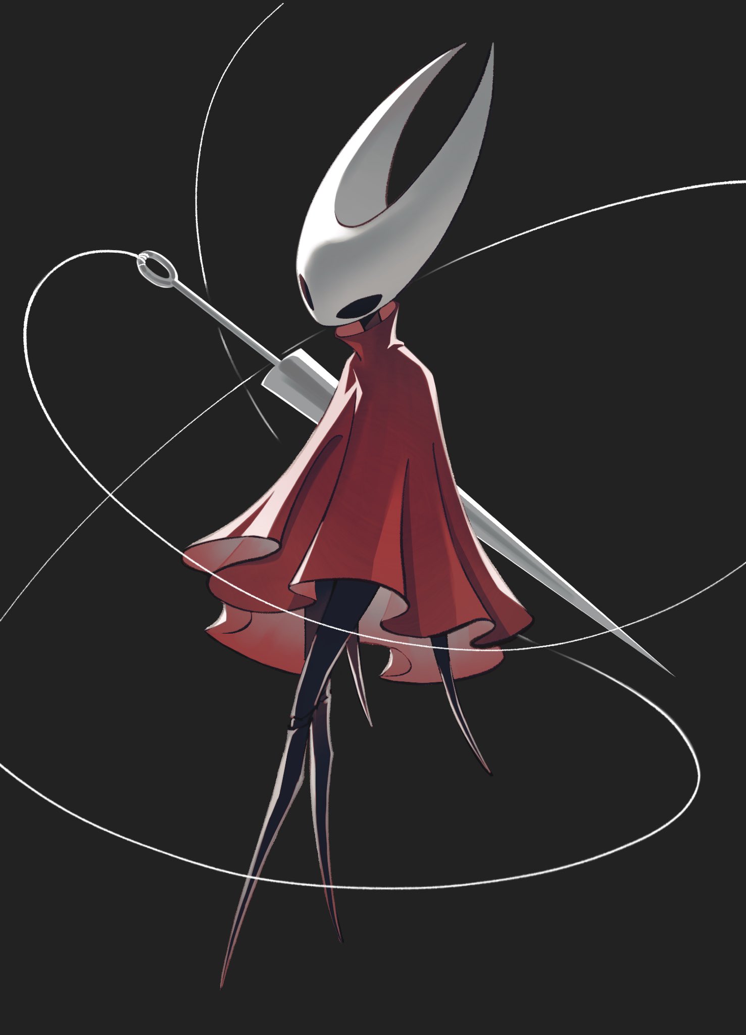 frostedmirror, hornet (hollow knight), hollow knight, hollow knight: silksong, commentary, hashtag-only commentary, highres, 1girl, black background, black eyes, black skin, cloak, colored skin, hollow eyes, needle (hollow knight), red cloak, simple background, solo, standing, string, weapon
