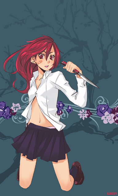 tagme, 1girl, bandaid, bandaid on cheek, bandaid on face, female focus, knife, midriff, school uniform, serafuku, solo