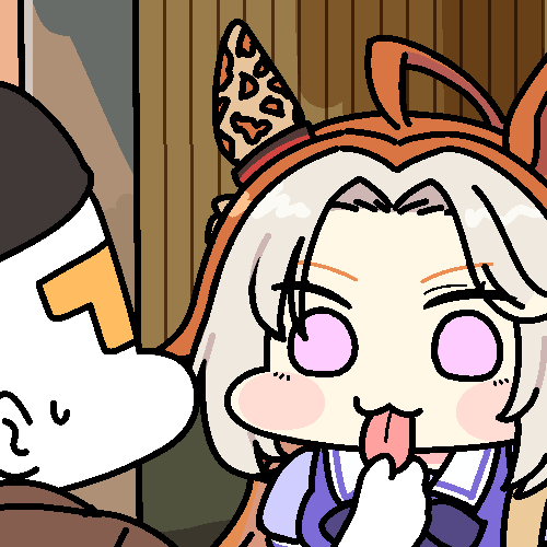 jazz jack, orfevre (umamusume), t-head trainer (umamusume), trainer (umamusume), umamusume, commentary, lowres, photo-referenced, 1boy, 1girl, :3, :p, ahoge, animal ears, blush stickers, bow, bowtie, ear covers, ear ornament, grey hair, hair intakes, holding another's tongue, horse ears, horse girl, orange hair, puffy short sleeves, puffy sleeves, purple bow, purple bowtie, purple eyes, sailor collar, school uniform, short sleeves, single ear cover, summer uniform, sweatdrop, tongue, tongue out, tracen school uniform, white sailor collar, wide face