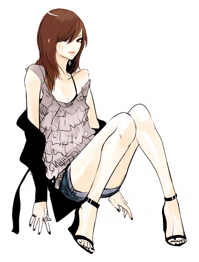 takenaka, bad id, bad pixiv id, 1girl, black nails, brown eyes, brown hair, fashion, feet, female focus, high heels, long hair, nail polish, shoes, shorts, sitting, solo, toenail polish, toenails