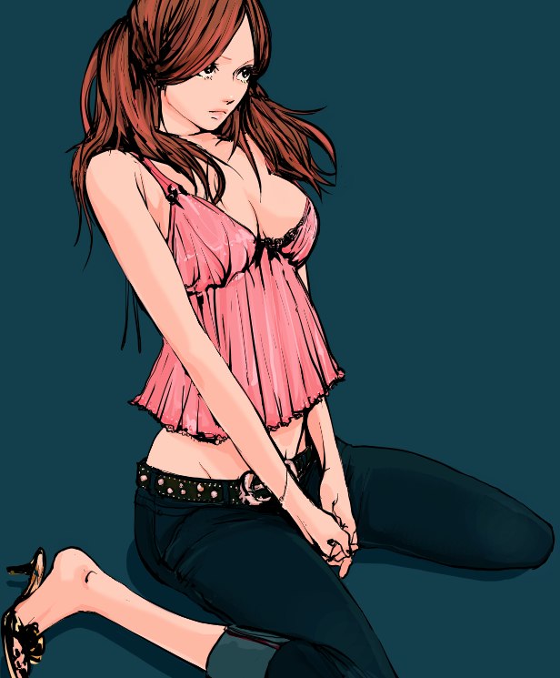takenaka, 1girl, brown hair, camisole, denim, fashion, female focus, high heels, jeans, lingerie, long hair, midriff, negligee, open shoes, pants, sandals, shoes, sitting, solo, underwear