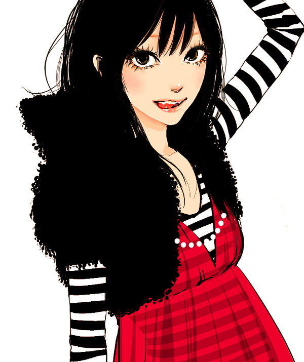 takenaka, original, striped, bad id, bad pixiv id, 1girl, black hair, brown eyes, eyelashes, fang, fashion, female focus, layered sleeves, long sleeves, makeup, mascara, short hair, short over long sleeves, short sleeves, solo, tongue