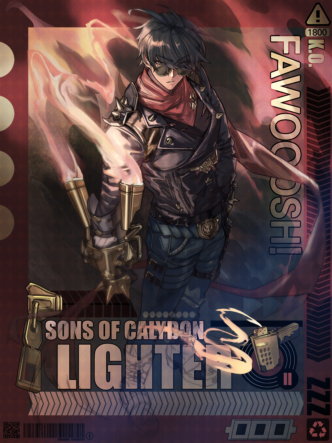 fkskii65, lighter (zenless zone zero), zenless zone zero, highres, 1boy, belt buckle, black boots, black gloves, black hair, black jacket, boots, buckle, english text, full body, gloves, green eyes, hair between eyes, hair over one eye, jacket, lighter, male focus, pants, red scarf, round eyewear, scarf, short hair, shoulder spikes, smoke, smoke trail, solo, spikes, sunglasses, zipper