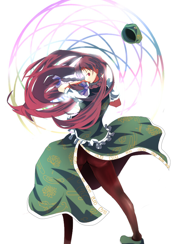 murani, hong meiling, immaterial and missing power, touhou, 1girl, ass, china dress, chinese clothes, dress, female focus, hat, long hair, looking back, pantyhose, red eyes, ribbon, solo