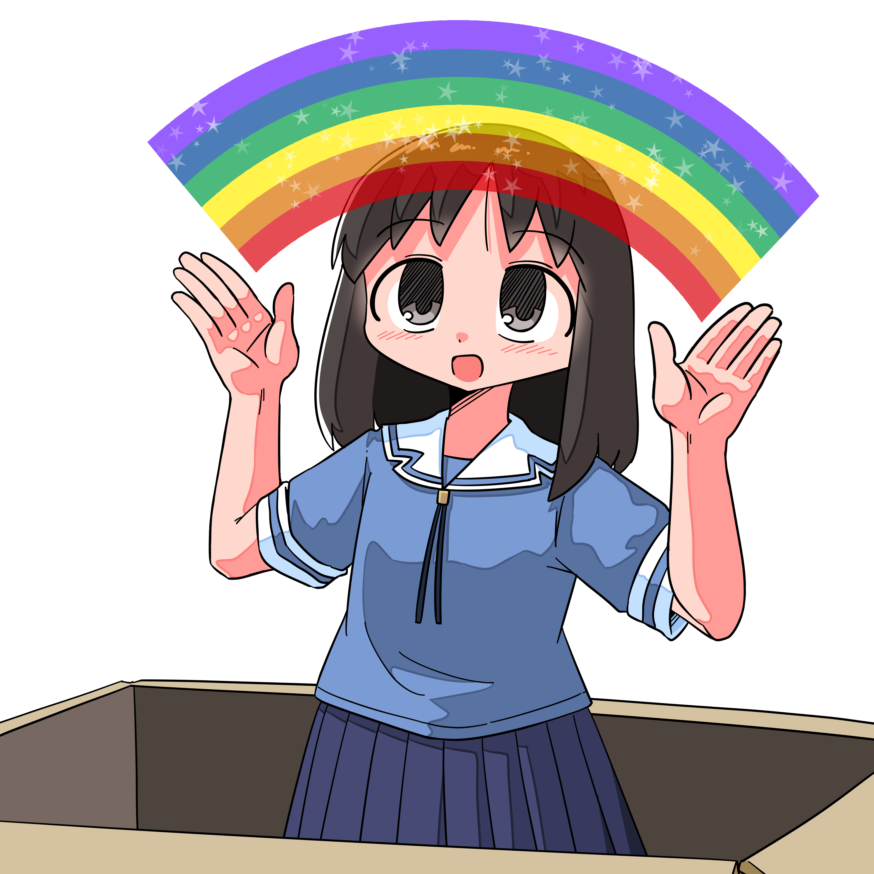 kasuya baian, kasuga ayumu, azumanga daiou, spongebob squarepants (series), absurdres, commentary request, highres, partial commentary, 1girl, :d, azumanga daioh's school uniform, black eyes, black hair, blue serafuku, blue shirt, blue skirt, blush, box, cardboard box, cowboy shot, hands up, in box, in container, medium hair, meme, open mouth, parody, pleated skirt, rainbow, sailor collar, school uniform, serafuku, shirt, short sleeves, skirt, smile, solo, standing, star (symbol), white background, white sailor collar