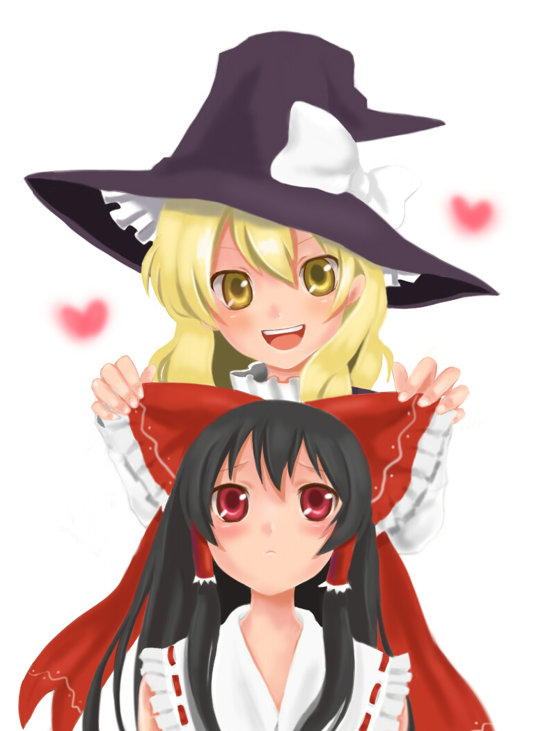 tetsuo (tashirosu), hakurei reimu, kirisame marisa, touhou, bad id, bad pixiv id, 2girls, black hair, blonde hair, blush, female focus, hair ribbon, hat, heart, long hair, multiple girls, red eyes, ribbon, upper body, white background, witch, witch hat, yellow eyes