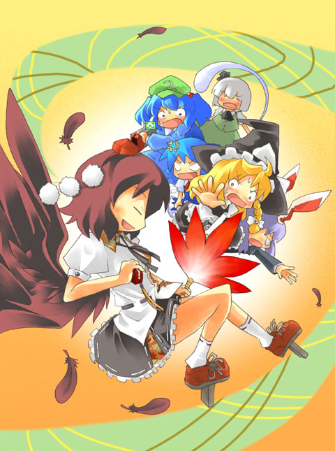 ara ta, harada (sansei rain), cirno, kawashiro nitori, kirisame marisa, konpaku youmu, konpaku youmu (ghost), reisen udongein inaba, shameimaru aya, touhou, bad id, bad pixiv id, 6+girls, animal ears, black hair, black wings, blonde hair, blue hair, camera, feathers, female focus, geta, hand fan, hat, hitodama, multiple girls, rabbit ears, ribbon, school uniform, serafuku, short hair, tengu-geta, two side up, wings, witch, witch hat