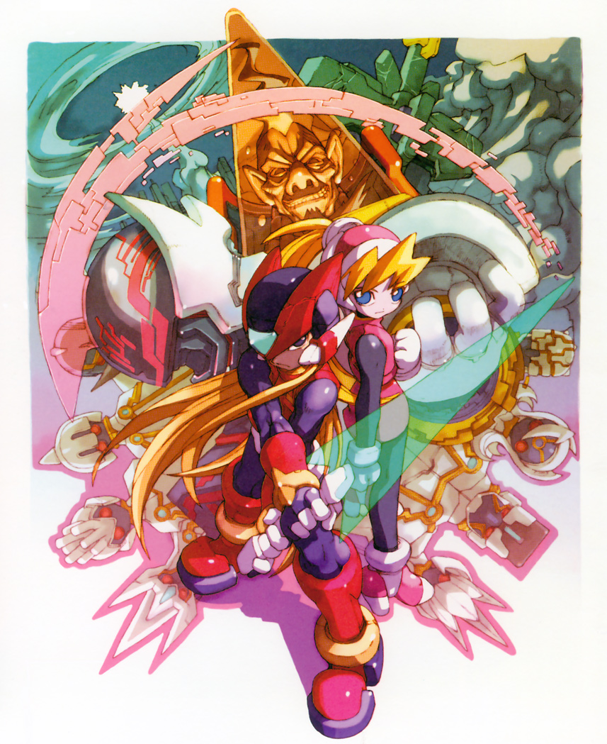 nakayama tooru, ciel (mega man), dr. weil (mega man), omega (mega man), zero(z) (mega man), zero (mega man), capcom, mega man (series), mega man zero (series), mega man zero 3, official art, 1girl, 2boys, android, blonde hair, bodysuit, digital dissolve, energy sword, full body, looking at viewer, machinery, monster, multiple boys, see-through clothes, spikes, standing, sword, transparent, weapon