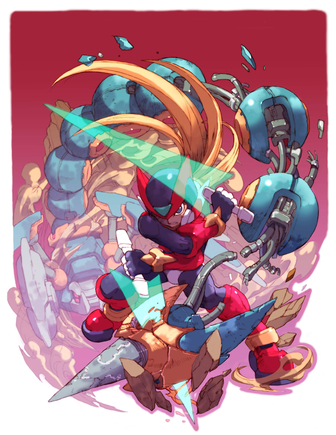 nakayama tooru, zero(z) (mega man), zero (mega man), capcom, mega man (series), mega man zero (series), mega man zero 2, highres, official art, 1boy, dual wielding, helmet, holding, male focus, red helmet, solo