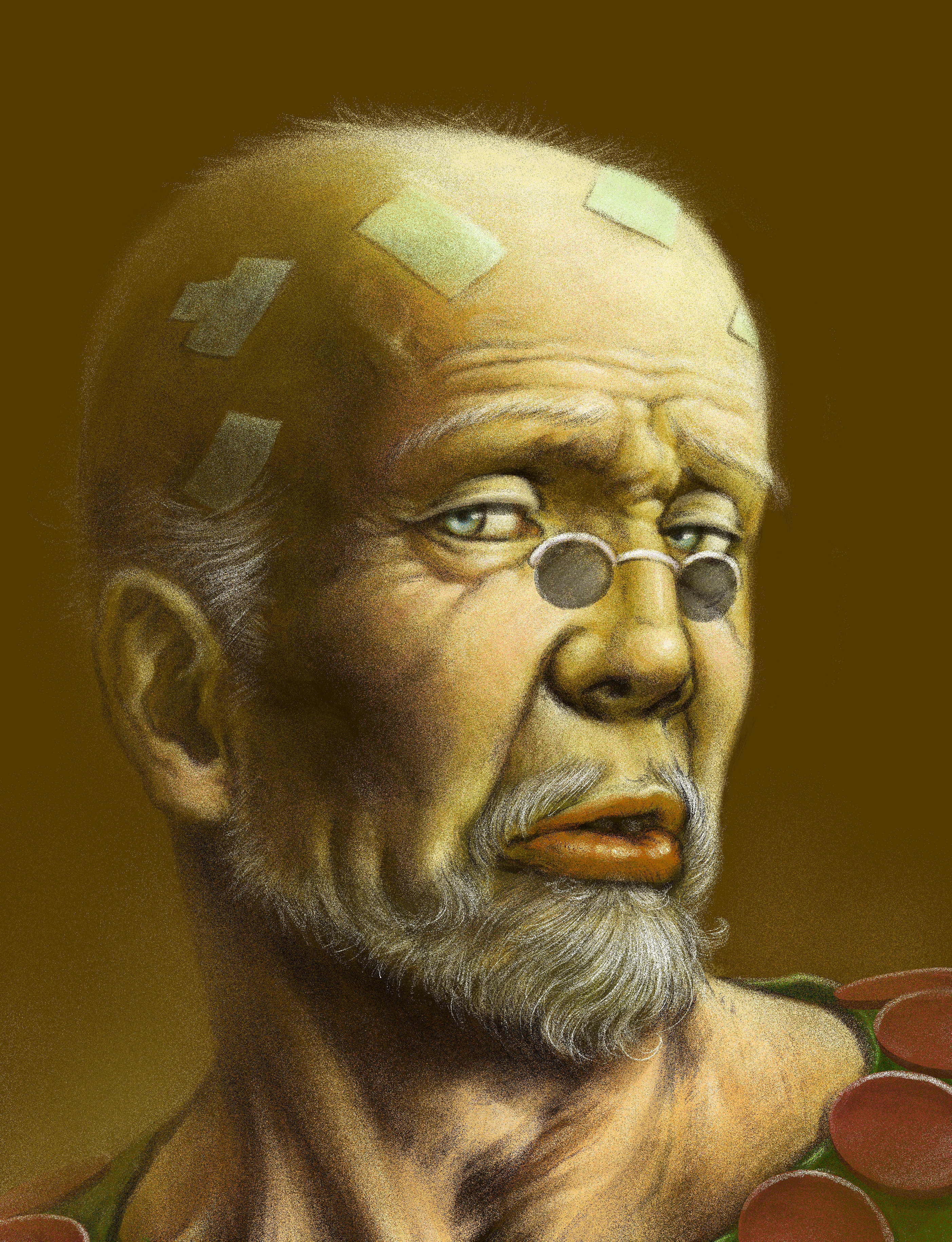 user zwnh8824, higashikata norisuke, jojo no kimyou na bouken, steel ball run, absurdres, commentary request, highres, 1boy, bald, beard, blue eyes, facial hair, glasses, grey hair, looking at viewer, male focus, manly, old, old man, orange lips, portrait, solo, sticker