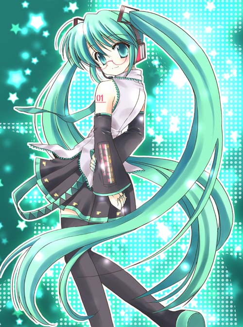 gussan, hatsune miku, vocaloid, 1girl, aqua hair, female focus, glasses, long hair, solo, thighhighs, twintails, very long hair