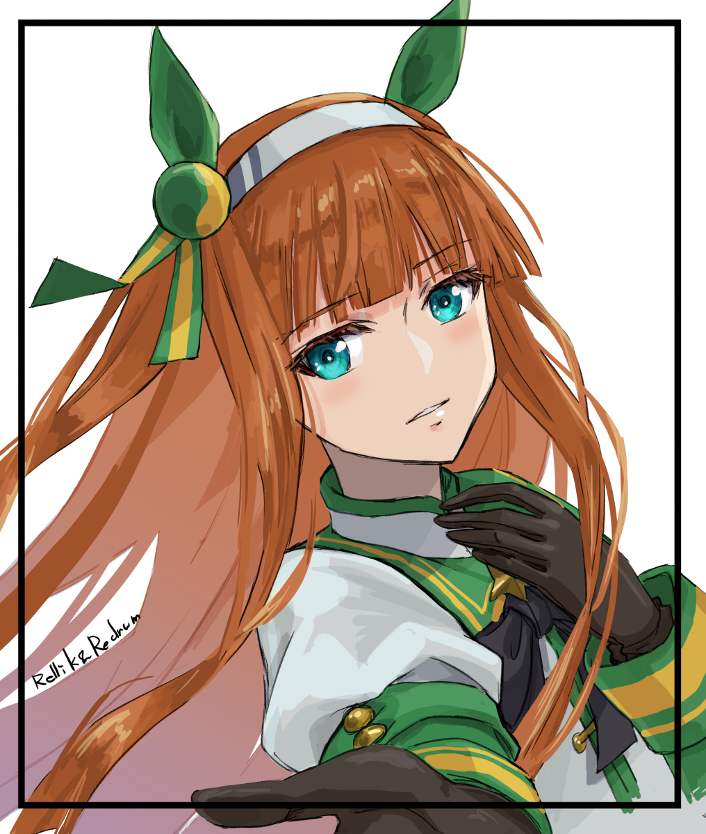 jun (rellik & redrum), silence suzuka (umamusume), umamusume, highres, 1girl, animal ears, aqua eyes, artist name, black gloves, blunt bangs, ear covers, gloves, green eyes, horse ears, horse girl, looking at viewer, offering hand, orange hair, portrait, silver hairband, solo, white background