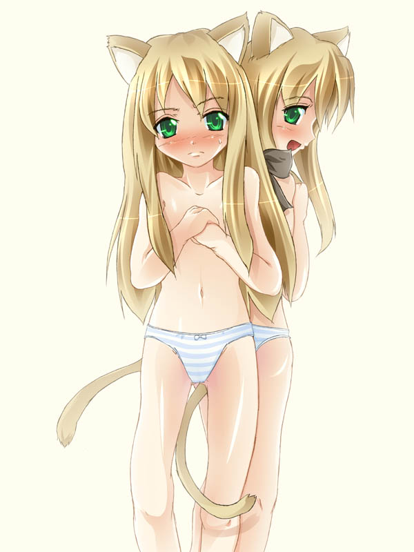 artist request, copyright request, 2girls, animal ears, back-to-back, blonde hair, blue panties, blush, bow, bow panties, cat ears, cat tail, green eyes, loli, long hair, multiple girls, navel, open mouth, panties, ribbon, simple background, standing, striped clothes, striped panties, tail, topless female, underwear