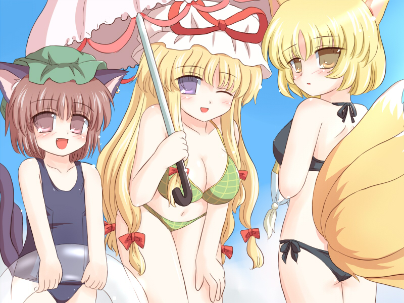 ry (yagoyago), chen, yakumo ran, yakumo yukari, touhou, 3girls, animal ears, bikini, black one-piece swimsuit, blonde hair, breasts, brown eyes, brown hair, cat ears, cat girl, cat tail, cleavage, earrings, fang, female focus, fox ears, fox tail, hair ribbon, hat, jewelry, long hair, multiple girls, multiple tails, one-piece swimsuit, parasol, purple eyes, ribbon, school swimsuit, swimsuit, tail, umbrella, yellow eyes