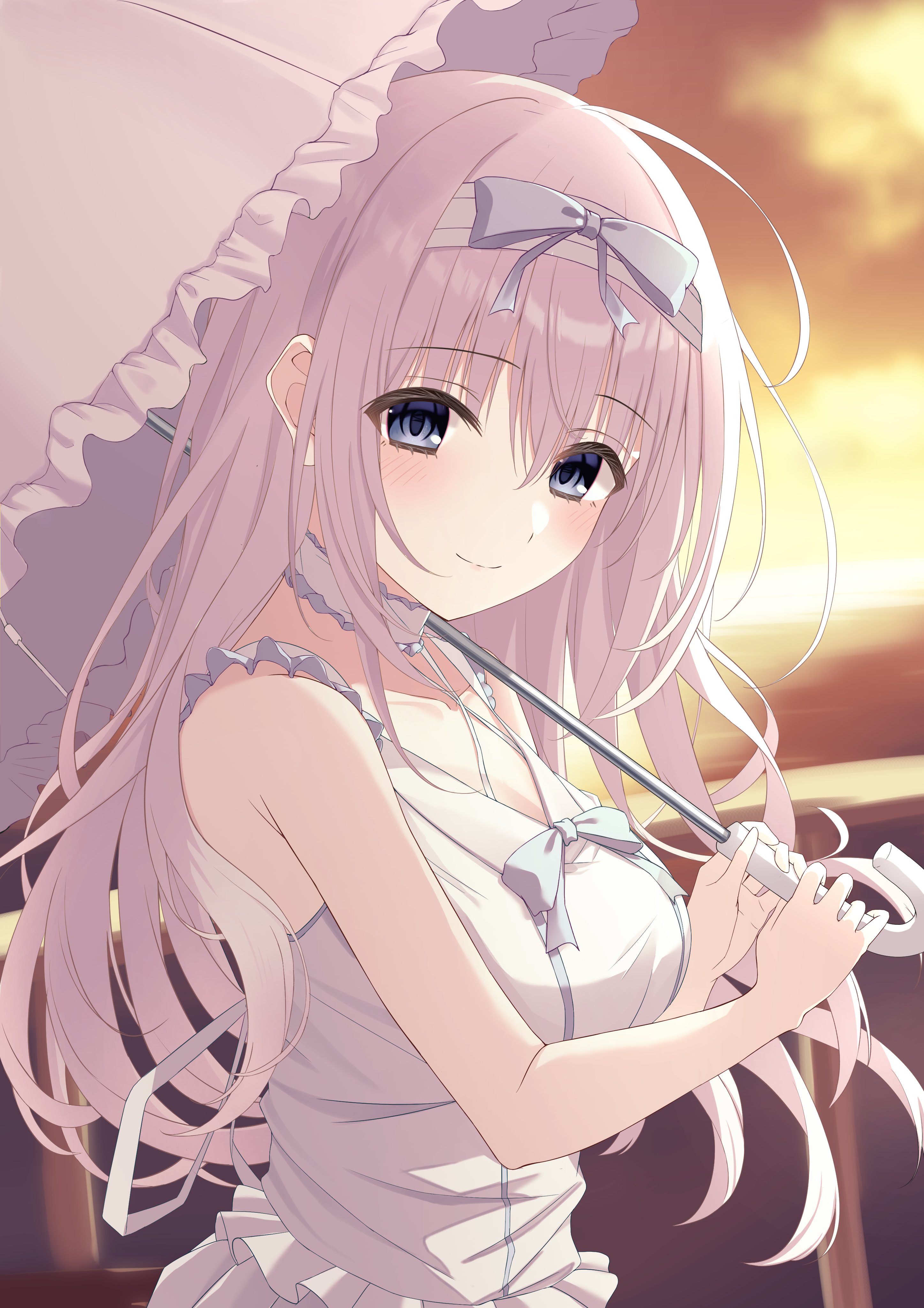 hikawa rina, sakura no uta, absurdres, commentary request, highres, 1girl, blue eyes, blurry, blurry background, bow hairband, closed mouth, dress, hairband, holding, holding umbrella, kimuratamashi, light smile, long hair, outdoors, parasol, sky, solo, sundress, umbrella, upper body, white dress, white hair, white umbrella
