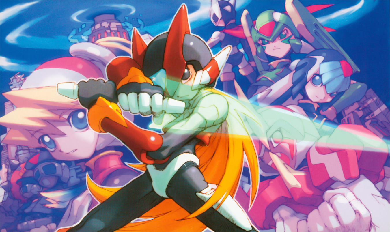 nakayama tooru, ciel (mega man), fairy leviathan (mega man), fighting fefnir (mega man), hidden phantom (mega man), sage harpuia (mega man), zero(z) (mega man), zero (mega man), capcom, mega man (series), mega man zero (series), mega man zero 1, official art, 2girls, 4boys, blonde hair, blue eyes, blue helmet, energy sword, facial mark, goggles, green eyes, green helmet, helmet, long hair, multiple boys, multiple girls, neo arcadia, purple helmet, red helmet, skin tight, sword, weapon