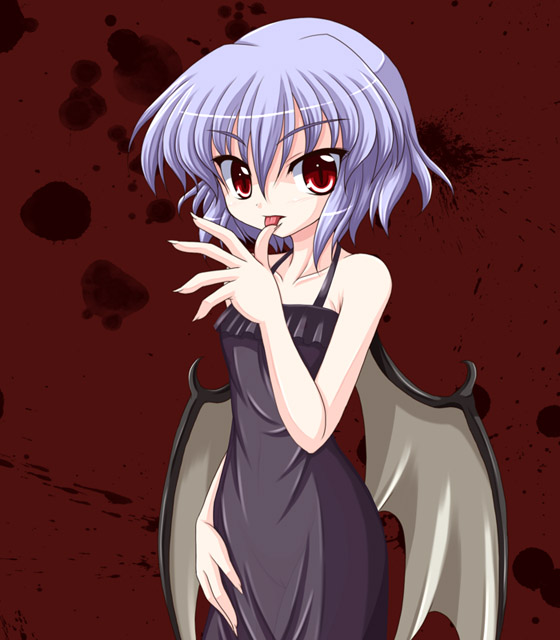 bococho, remilia scarlet, touhou, 1girl, blue hair, dress, female focus, red eyes, solo, wings