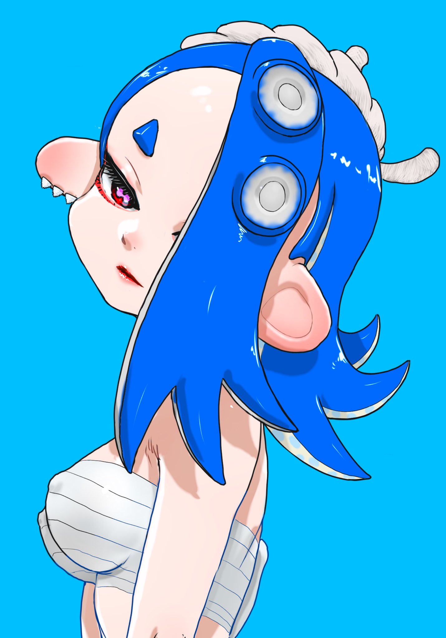 koharu2.5, shiver (deep cut outfit) (splatoon), shiver (splatoon), nintendo, splatoon (series), splatoon 3, commentary request, highres, 1girl, blue background, blue hair, breasts, cephalopod eyes, chest sarashi, earrings, eyelashes, hair over one eye, hairband, head tilt, jewelry, long hair, medium breasts, multiple earrings, octoling, open mouth, red eyes, red pupils, sarashi, short eyebrows, simple background, solo, tentacle hair, thick eyebrows, tooth earrings, upper body, white hairband