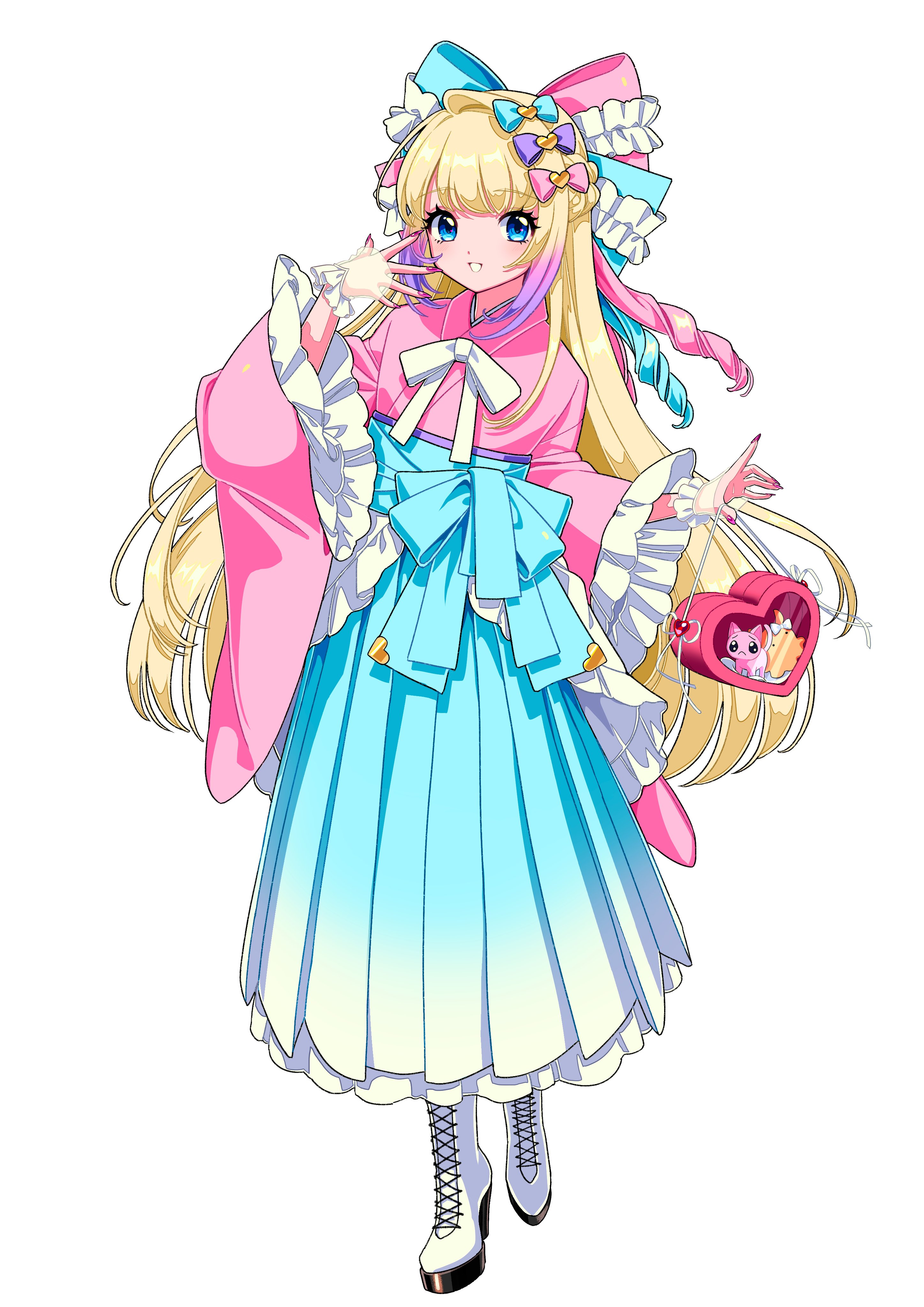 kisumi rei, chouzetsusaikawa tenshi-chan, pien cat (needy girl overdose), needy girl overdose, absurdres, highres, official art, second-party source, 1girl, blonde hair, blue bow, blue eyes, blue hair, blue hakama, blue skirt, boots, bow, drill hair, fingerless gloves, frilled sleeves, frills, full body, gloves, gradient hair, hair bow, hakama, hakama skirt, hand up, heart, japanese clothes, kimono, lace-up boots, long hair, long sleeves, looking at viewer, multicolored hair, official alternate costume, open mouth, pink bow, pink hair, pink kimono, purple bow, purple hair, ringlets, simple background, skirt, smile, solo, standing, tachi-e, transparent background, very long hair, white boots, white gloves, wide sleeves
