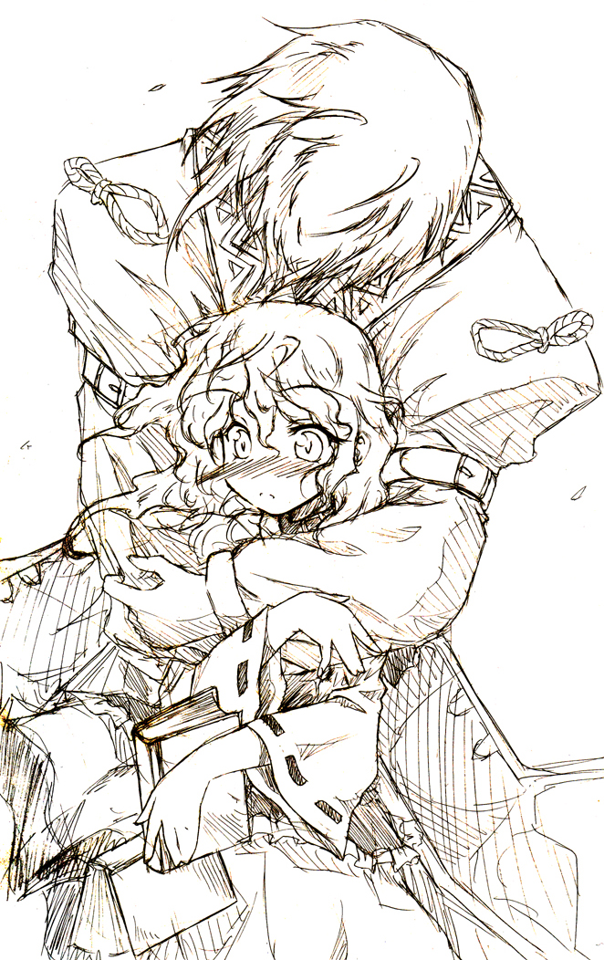 maou mikage, mikage (artist), kirisame marisa, morichika rinnosuke, curiosities of lotus asia, touhou, bad id, bad pixiv id, 1boy, 1girl, book, greyscale, hetero, hug, hug from behind, japanese clothes, long hair, miko, monochrome, ribbon