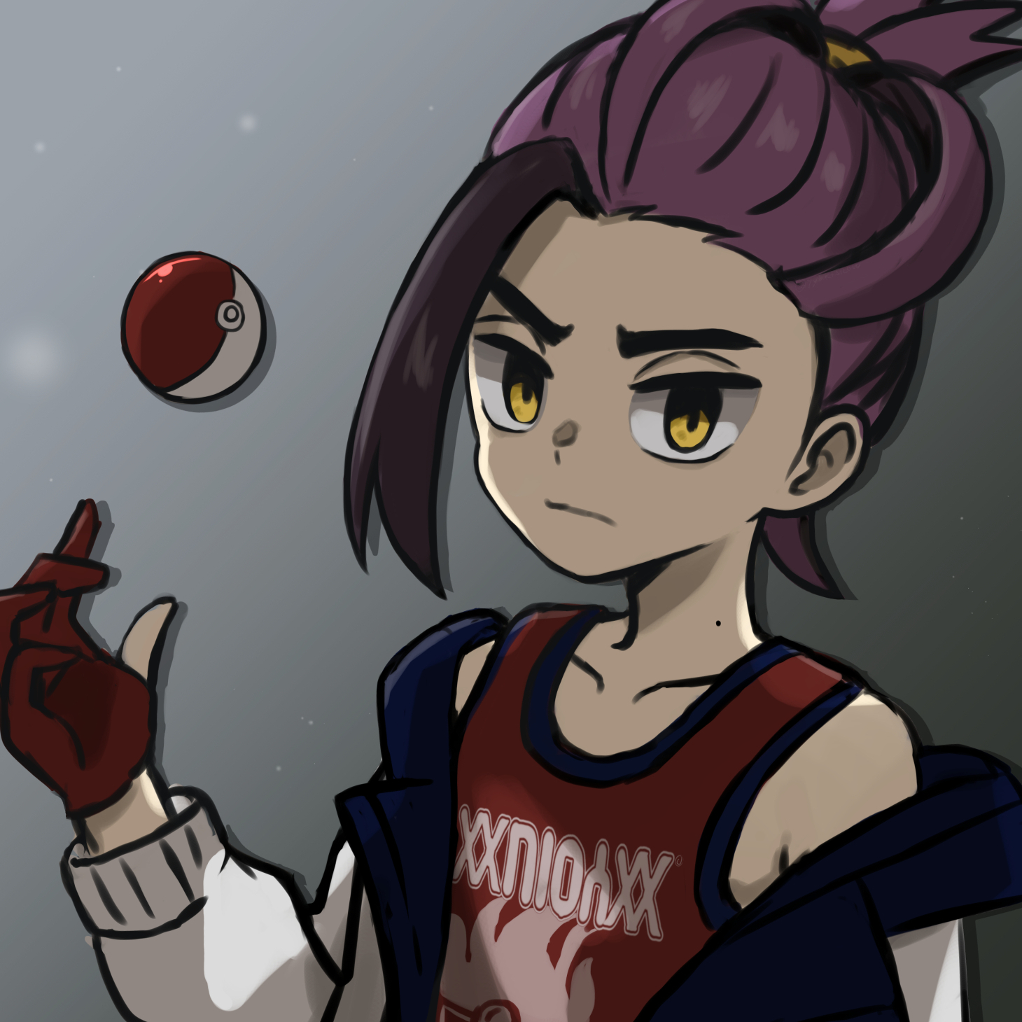 yyukisnow, kieran (pokemon), nintendo, pokemon, pokemon sv, commentary request, highres, 1boy, closed mouth, collarbone, gloves, grey background, hand up, jacket, male focus, mole, mole on neck, multicolored hair, off shoulder, partially fingerless gloves, poke ball, poke ball (basic), purple hair, red gloves, red shirt, shirt, short hair, sleeveless, sleeveless shirt, solo, two-tone hair, upper body, yellow eyes