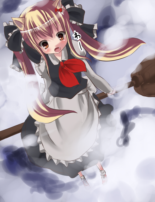 tetsuo (tashirosu), kirisame marisa, touhou, bad id, bad pixiv id, 1girl, animal ears, blonde hair, broom, broom riding, brown eyes, fang, female focus, long hair, sidesaddle, solo
