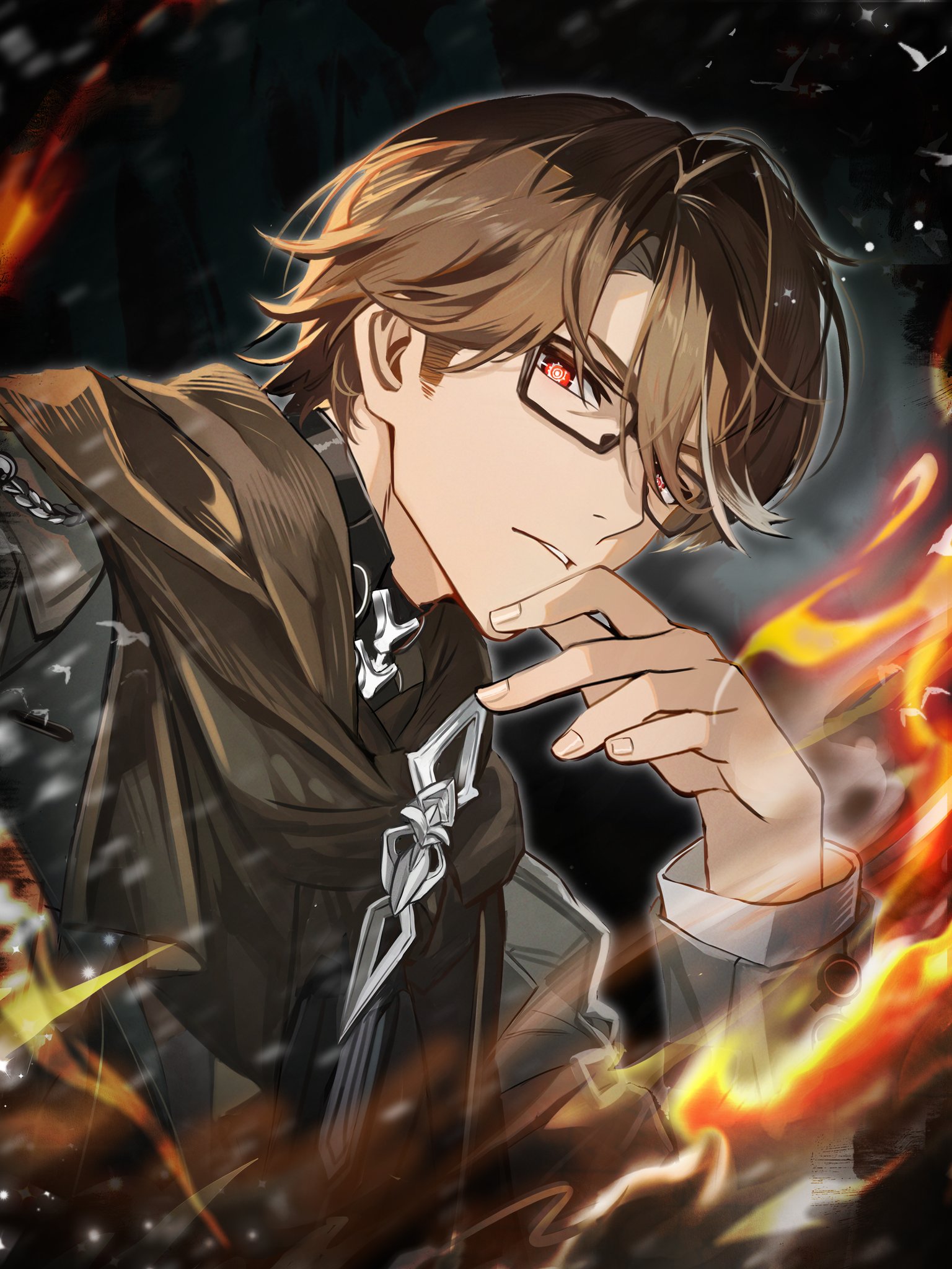 welt yang, honkai: star rail, honkai (series), commentary, english commentary, highres, 0529lt, 1boy, black-framed eyewear, bright pupils, brown hair, brown scarf, coat, curtained hair, glasses, grey coat, hand on own chin, long sleeves, looking at viewer, male focus, multicolored hair, open clothes, open coat, parted lips, rectangular eyewear, red eyes, ringed eyes, scarf, short hair, sideburns, solo, streaked hair, two-tone hair, upper body, white hair, white pupils