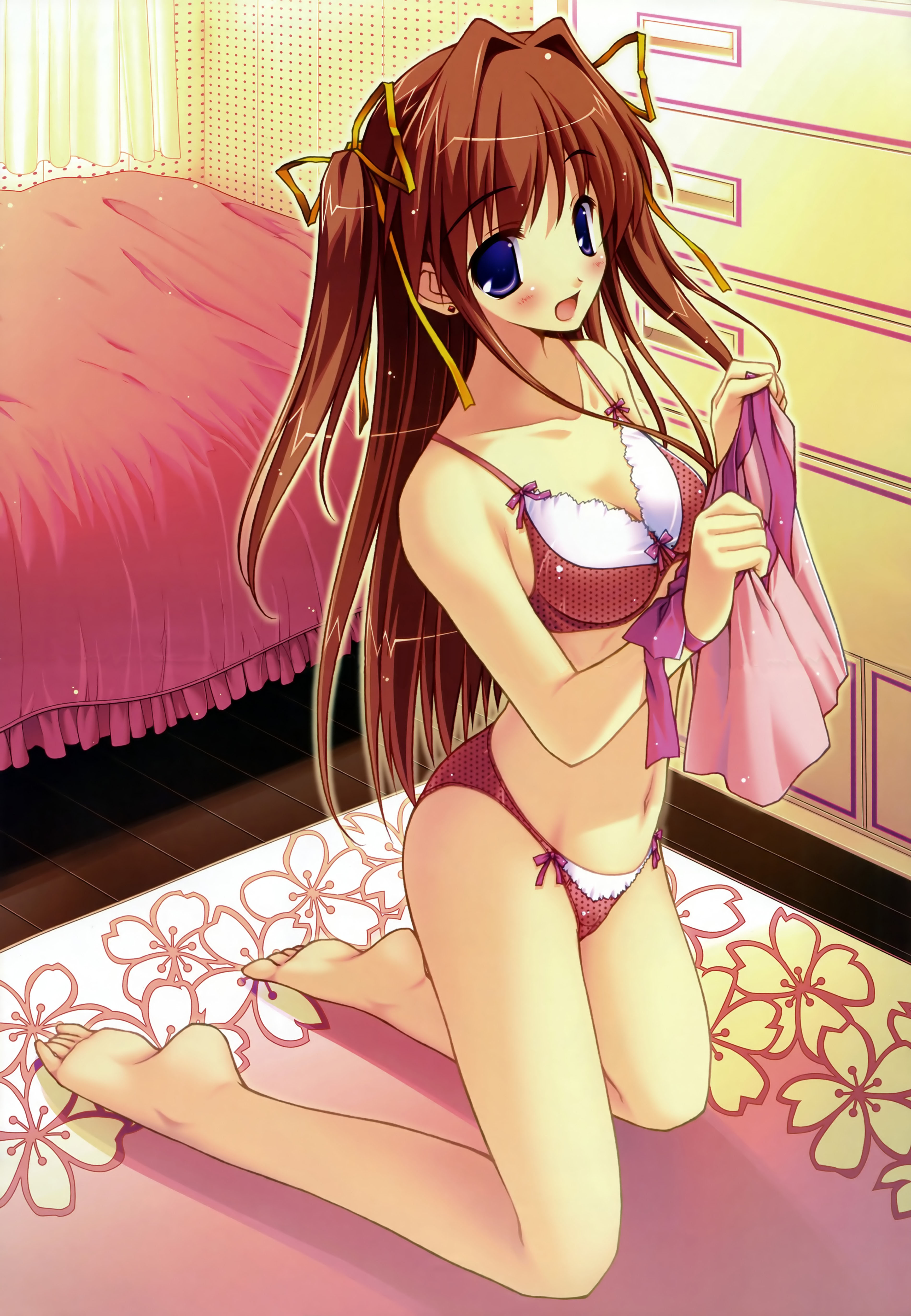 amane sou, asakura misaki, idol revolution, absurdres, highres, 1girl, barefoot, bedroom, blue eyes, blush, bow, bow bra, bow panties, bra, breasts, brown hair, dressing, female focus, indoors, large breasts, lingerie, panties, polka dot, polka dot bra, polka dot panties, red bra, red panties, ribbon, smile, solo, underwear, underwear only