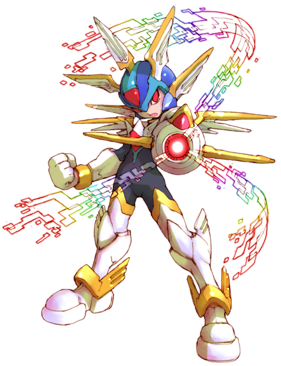 nakayama tooru, copy x (mega man), capcom, mega man (series), mega man zero (series), official art, 1boy, android, ankle wings, arm cannon, armor, clenched hand, digital dissolve, forehead jewel, helmet, male focus, red eyes, weapon, winged helmet, wings