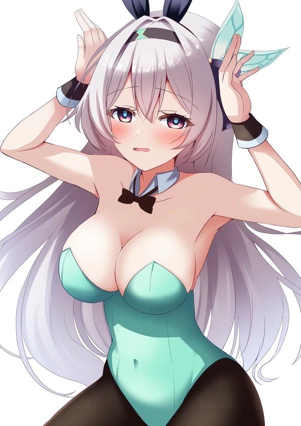 nyarumi, firefly (honkai: star rail), honkai: star rail, honkai (series), commentary request, 1girl, animal ears, black hairband, black wrist cuffs, blue eyes, blush, breasts, brown pantyhose, bunny day, cleavage, covered navel, green leotard, green pupils, grey hair, hair between eyes, hair intakes, hair ornament, hairband, large breasts, leotard, long hair, open mouth, pantyhose, rabbit ears, simple background, solo, white background, wrist cuffs