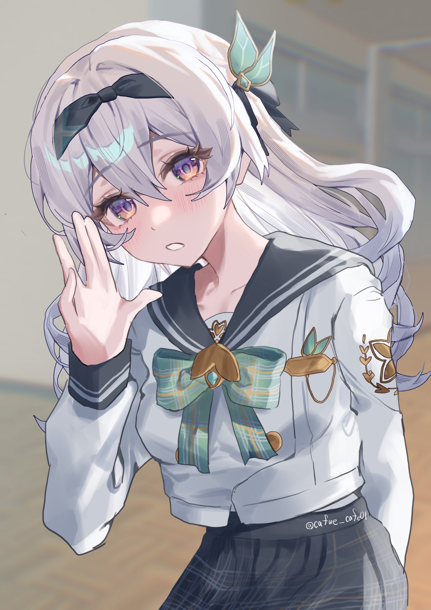 cafe (cafue cafe01), firefly (honkai: star rail), firefly (spring missive) (honkai: star rail), honkai: star rail, honkai (series), highres, 1girl, black hairband, black ribbon, blue pupils, blush, bow, bowtie, green bow, green bowtie, grey hair, grey sailor collar, grey skirt, hair between eyes, hair intakes, hair ornament, hair ribbon, hairband, long hair, open mouth, plaid bow, plaid bowtie, plaid clothes, pleated skirt, ribbon, sailor collar, skirt, solo, teeth, twitter username