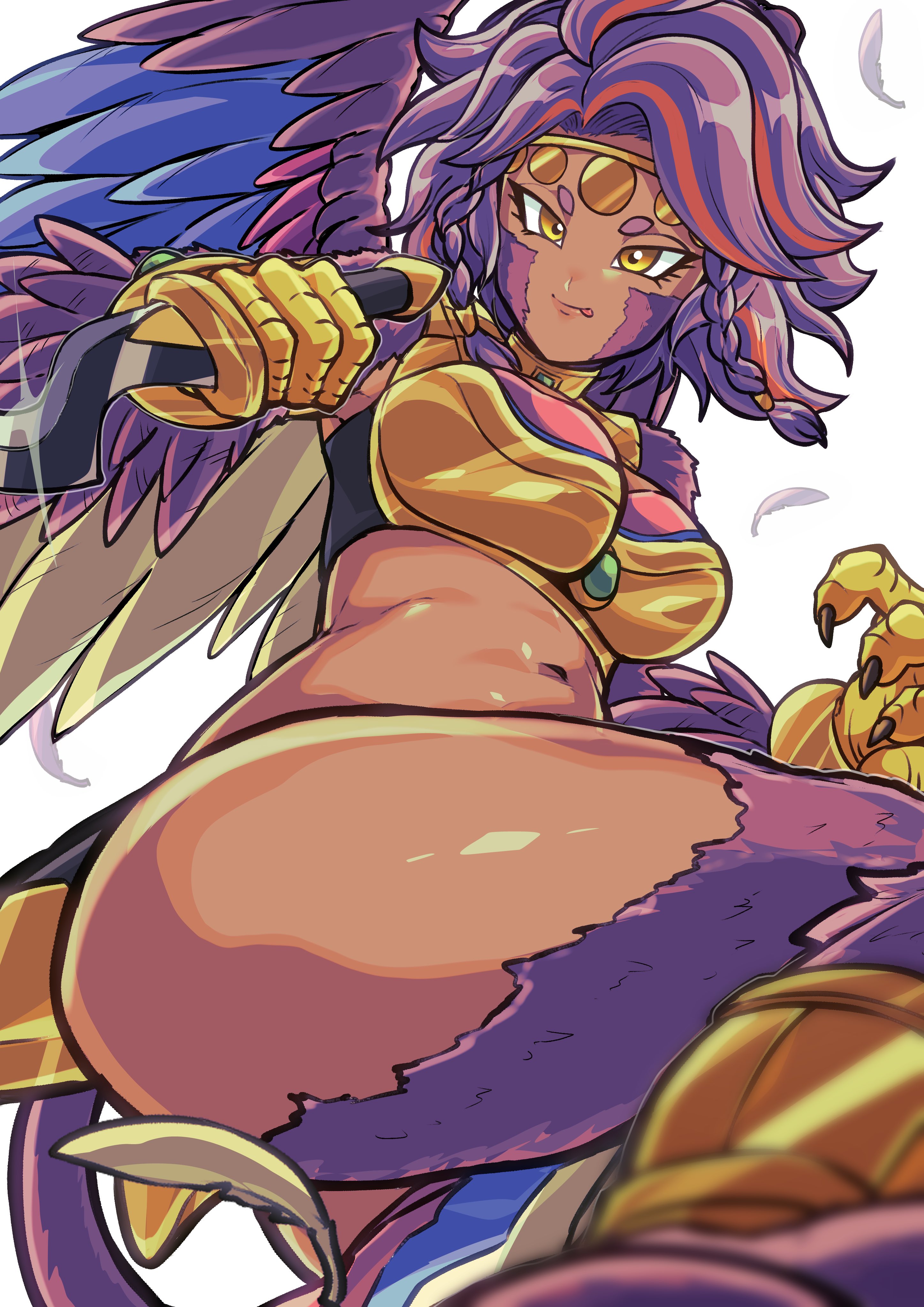otyumamii, dragon quest, absurdres, commentary request, highres, 1girl, :p, armor, bird girl, blue feathers, blurry, braided sidelocks, breastplate, circlet, claws, dagger, dark-skinned female, dark skin, depth of field, dragon quest tact, elegia (dqt), feathered wings, feathers, gloves, gold armor, gold circlet, gold gloves, holding, holding dagger, holding knife, holding weapon, knife, midriff, monster girl, multicolored hair, multicolored wings, purple feathers, purple fur, purple hair, red streaks, solo, tail, tongue, tongue out, weapon, white background, wings, yellow eyes, yellow feathers