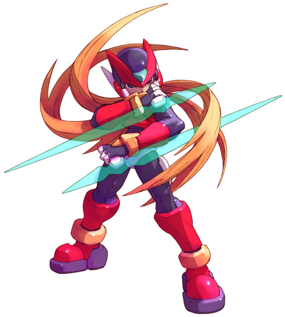 nakayama tooru, zero(z) (mega man), zero (mega man), capcom, mega man (series), mega man zero (series), highres, official art, 1boy, male focus, ponytail, solo, tonfa, weapon