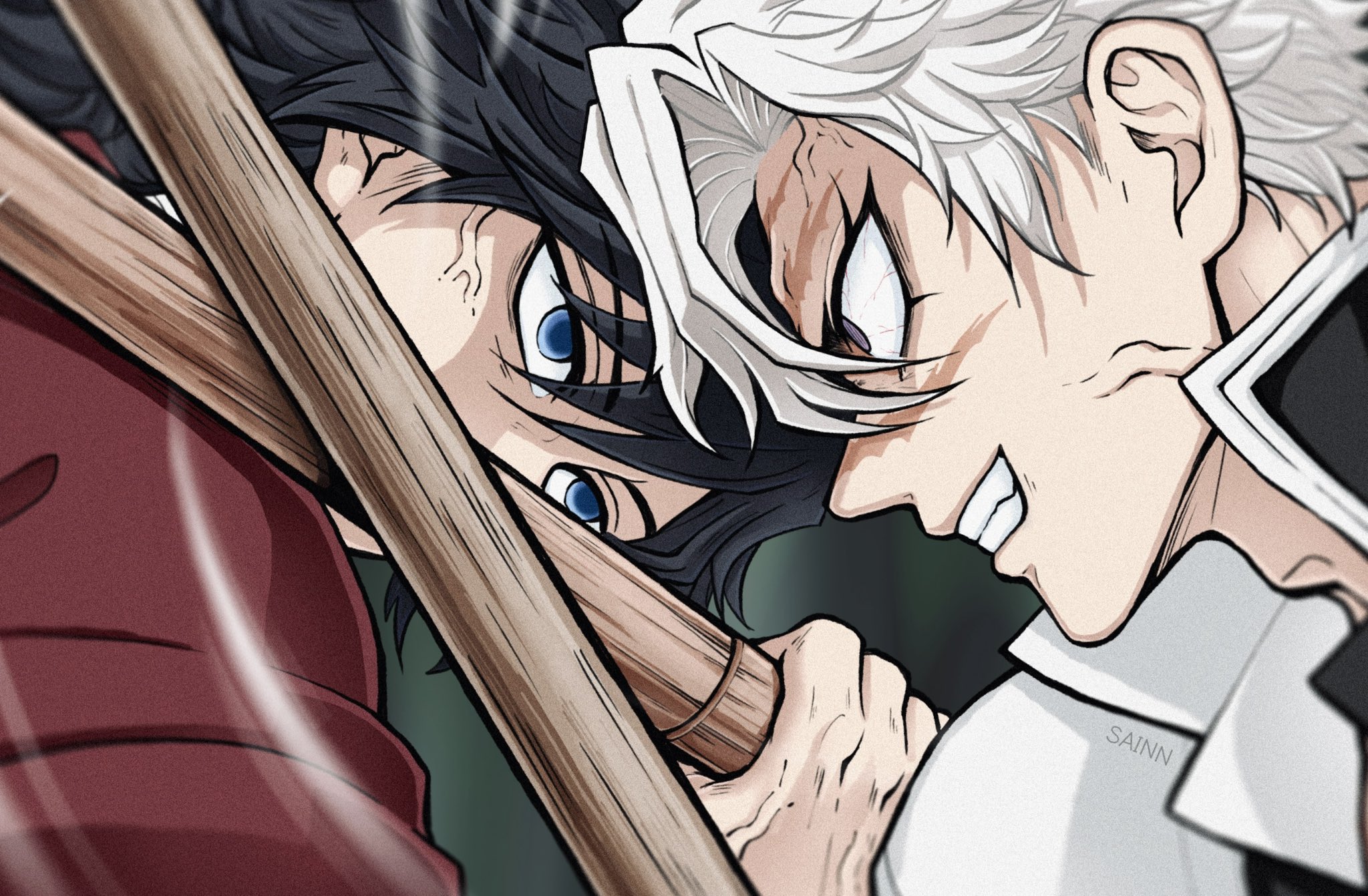sainn1129, shinazugawa sanemi, tomioka giyuu, kimetsu no yaiba, highres, 2boys, battle, black hair, blue eyes, clenched teeth, close-up, empty eyes, green background, grin, hair between eyes, haori, holding, holding sword, holding weapon, japanese clothes, long hair, looking at another, male focus, multiple boys, profile, purple eyes, red haori, short hair, smile, spiked hair, sword, sword clash, teeth, upper body, veins, veiny face, veiny hands, weapon, white hair, wooden sword