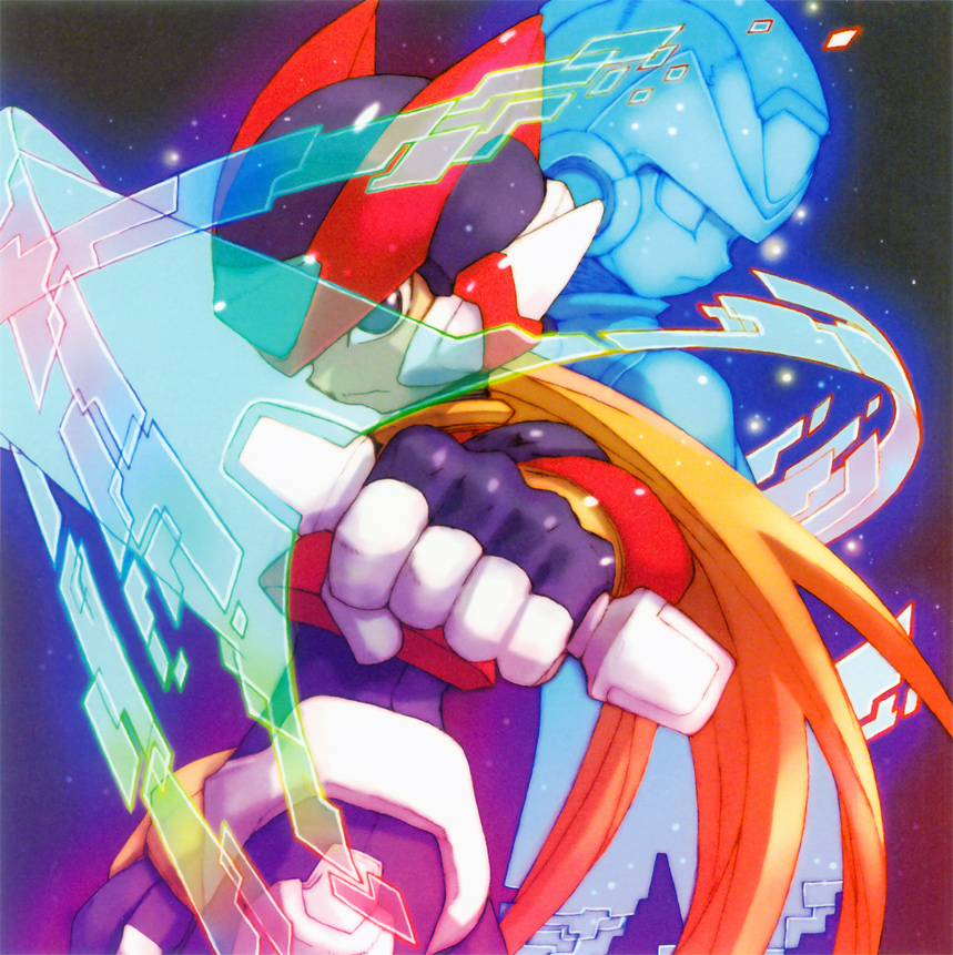nakayama tooru, cyber elf x (mega man), x (mega man), zero(z) (mega man), zero (mega man), capcom, mega man (series), mega man x (series), mega man zero (series), official art, 2boys, digital dissolve, energy sword, long hair, male focus, multiple boys, sword, weapon